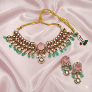 Rose Pink Moissanite Choker Set with Mint Green Drops