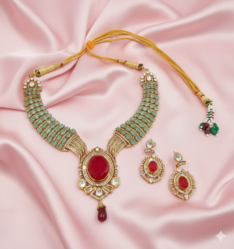 Sea Green & Ruby Red Moissanite Hasli Set