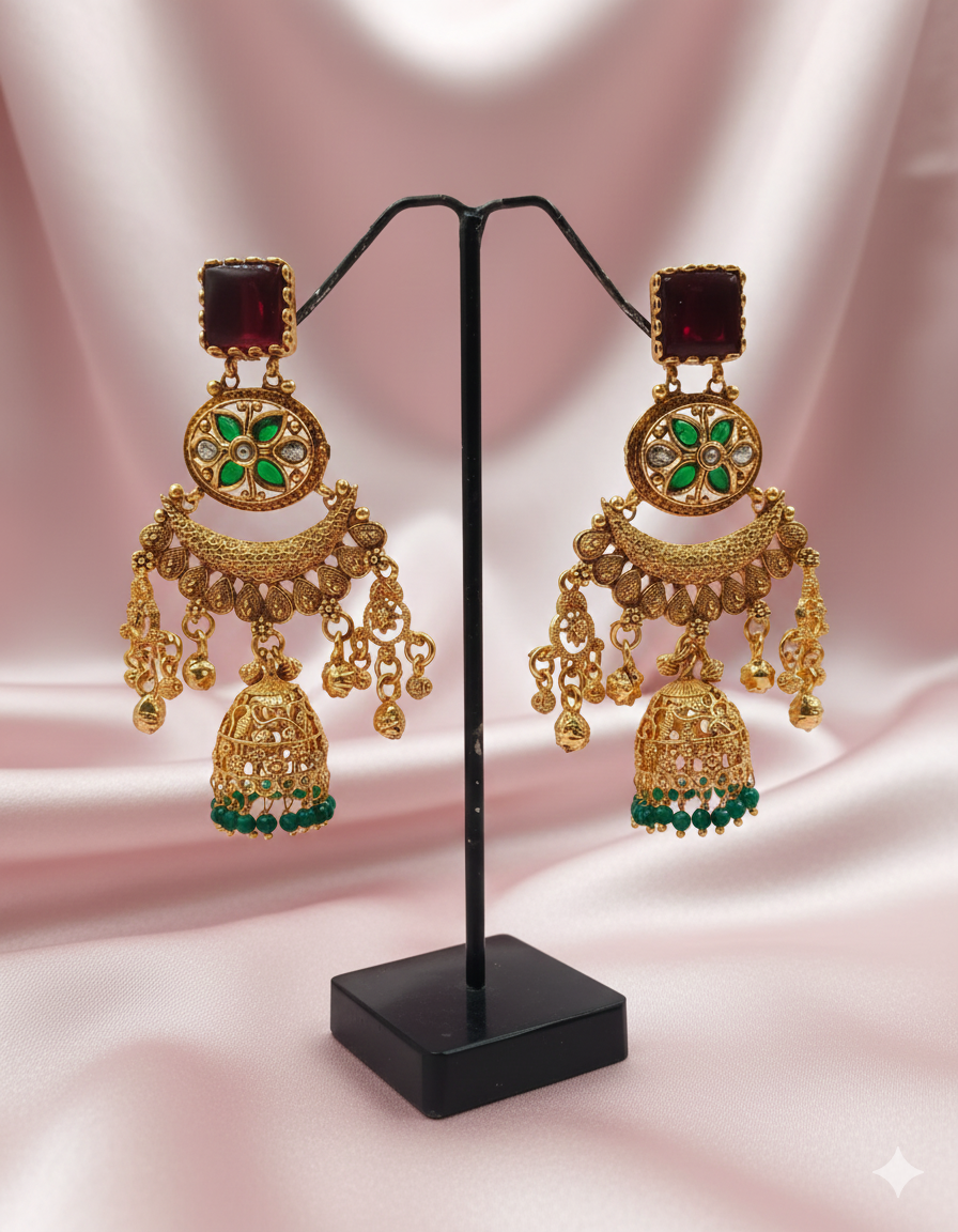 Maroon & Emerald Heritage Jhumki Earrings