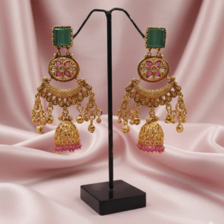 Emerald Green & Rani Pink Heritage Jhumki Earrings