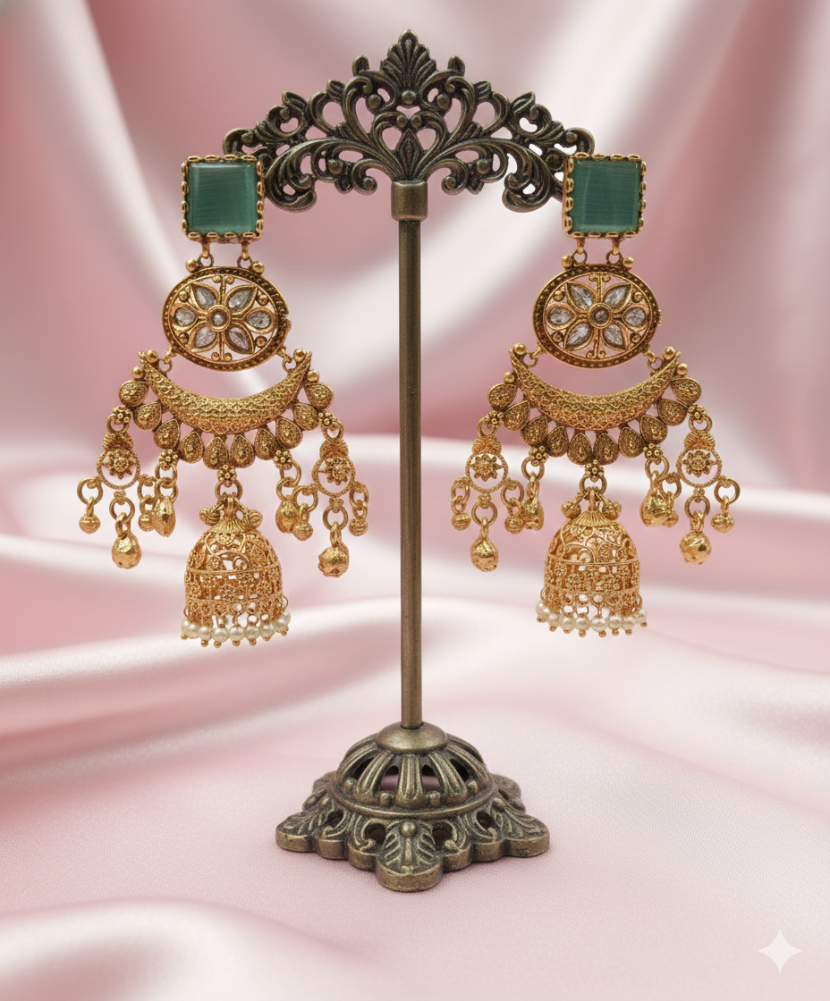 Teal Green Heritage Jhumki Earrings