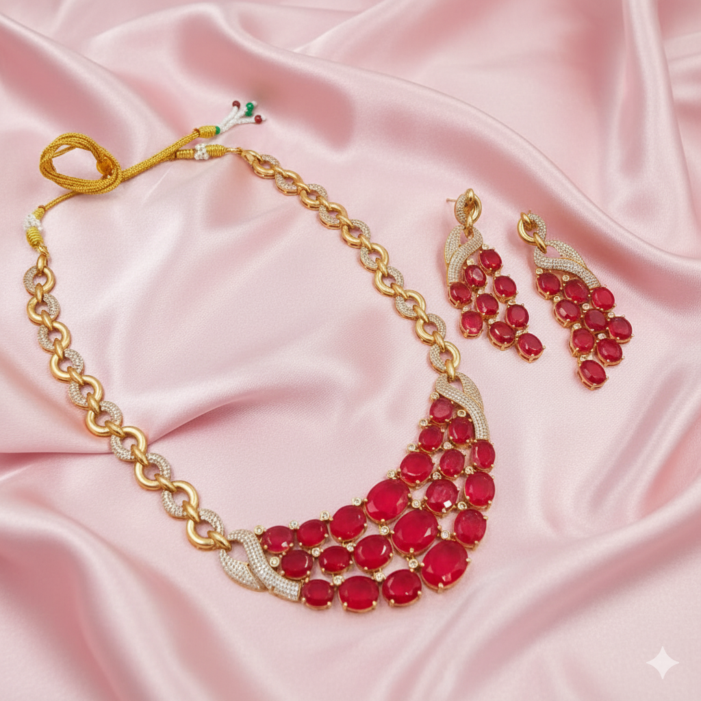 Ruby Red Moissanite Long Necklace Set
