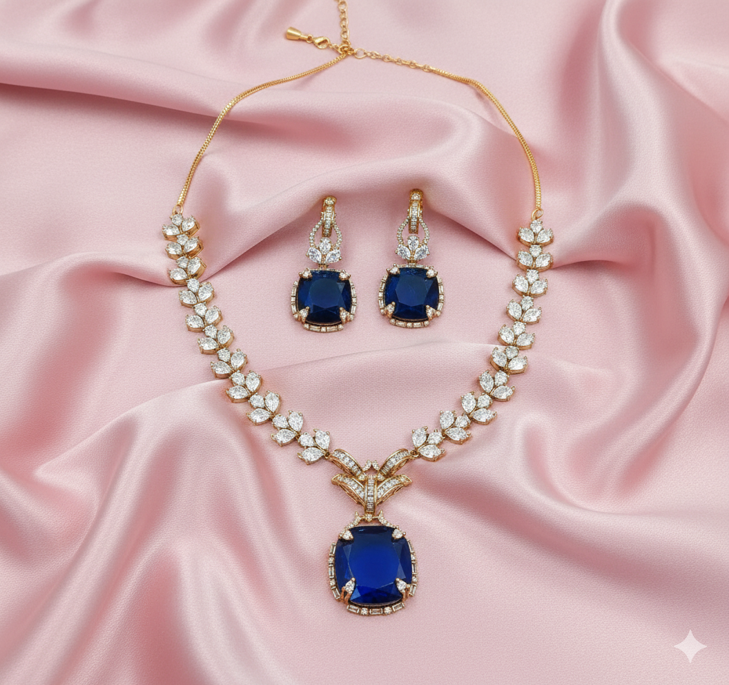 AD Mehndi Polish Royal Blue Pendant Set
