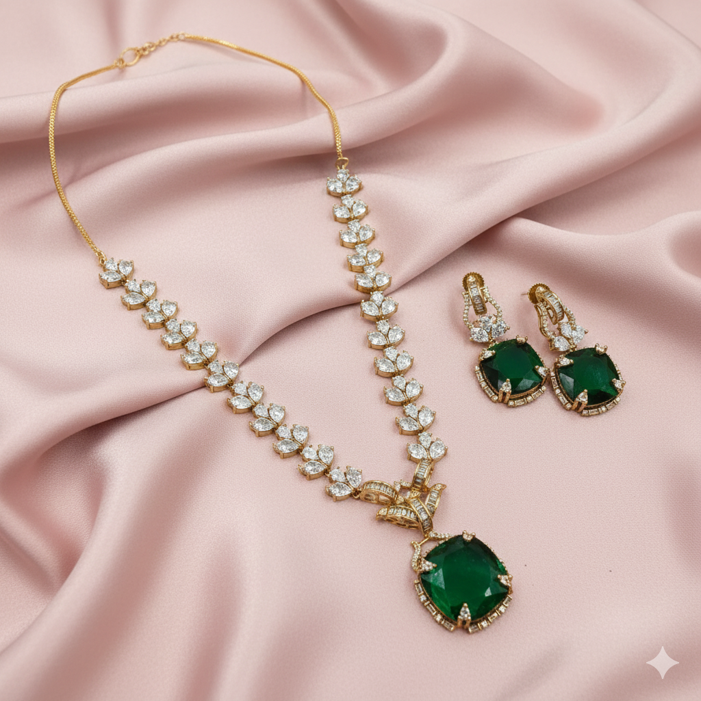 AD Mehndi Polish Emerald Green Pendant Set