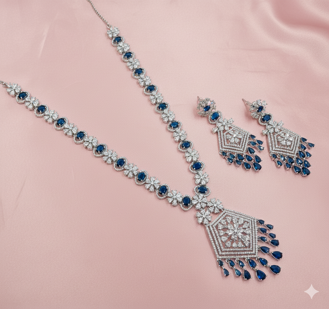 AD Silver Finish Royal Blue Long Necklace Set