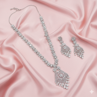 AD Silver Finish White Long Necklace Set