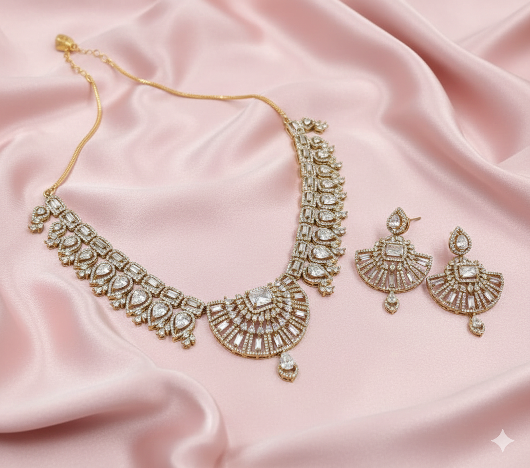 Classic White AD Mehandi Polish Necklace Set