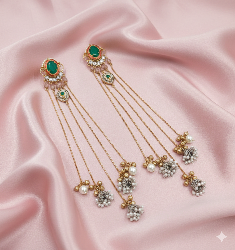 Silver-Look Long Chain Earrings with Deep Green Stone