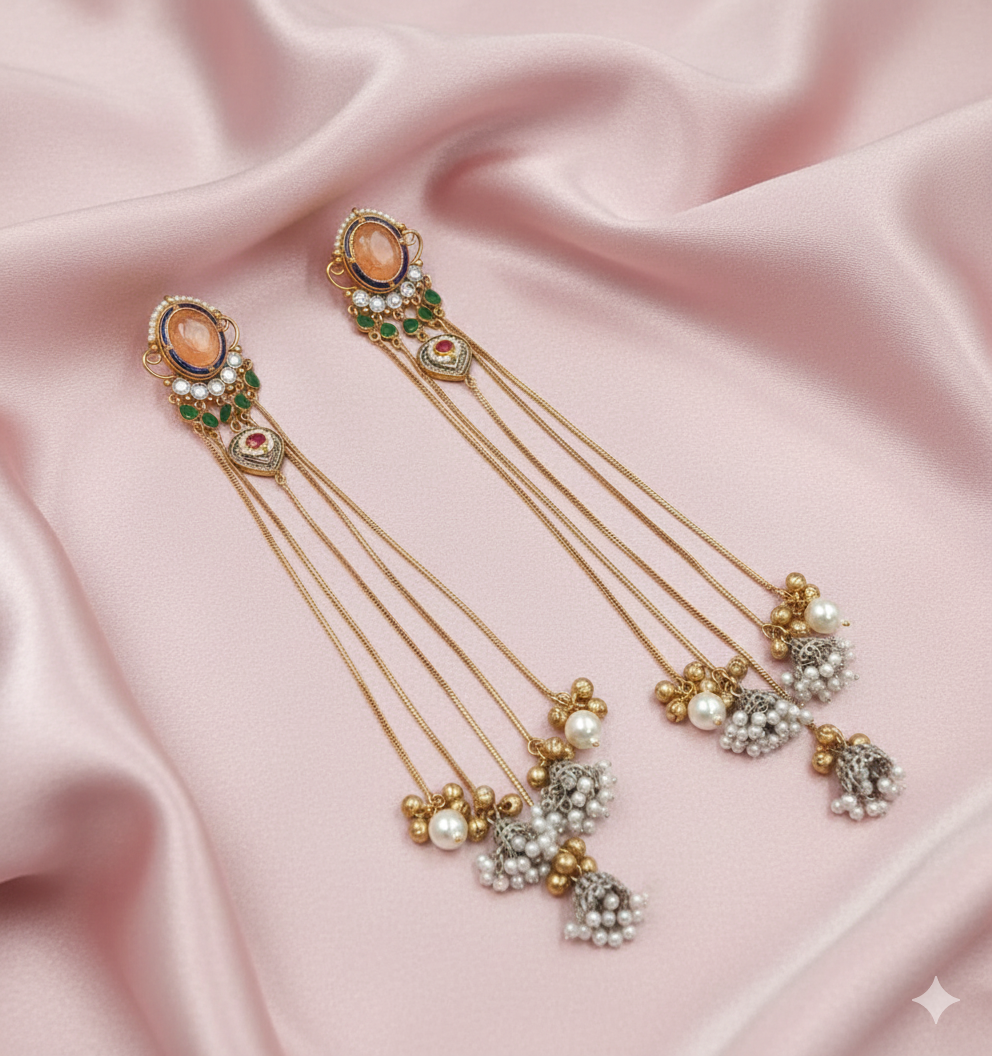 Silver-Look Long Chain Earrings with Peach stone