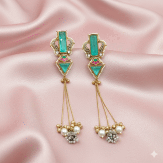 Turquoise Green Silver Look-Alike Long Drop Earrings