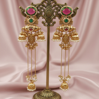 Pink & Green Silver Look-Alike Traditional Jhumki Earrings