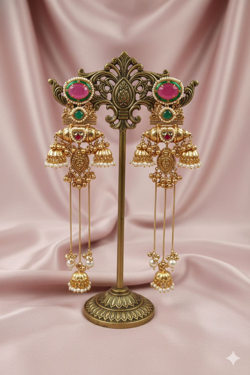 Pink & Green Silver Look-Alike Traditional Jhumki Earrings