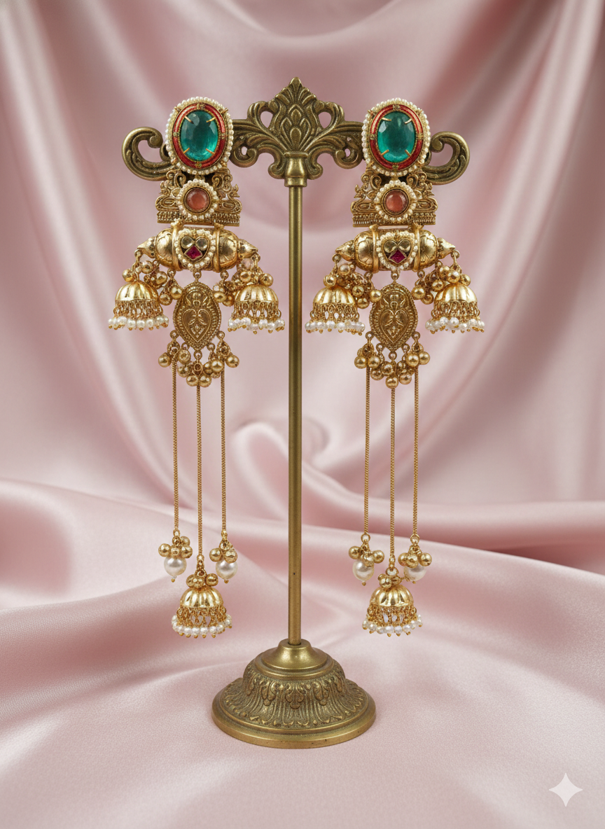 Royal Emerald & Ruby Silver Look-Alike Traditional Jhumki Earrings