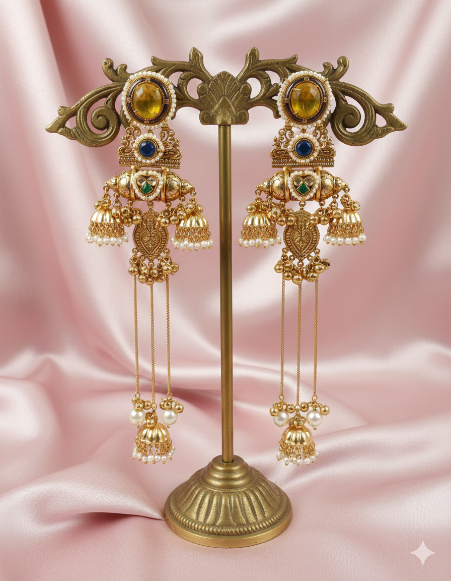 Royal Yellow Quartz & Blue Silver Look-Alike Traditional Jhumki Earrings