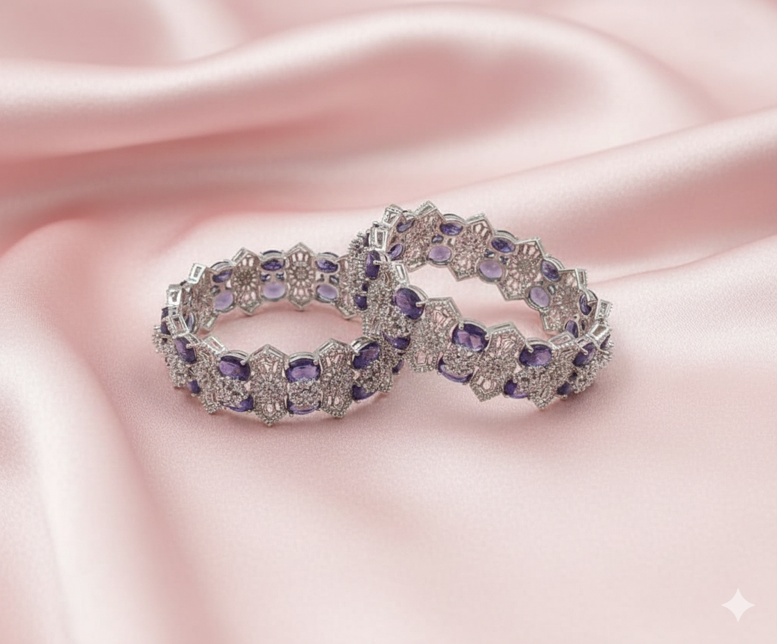 Silver-Tone AD Lavender Stone Bangle Set