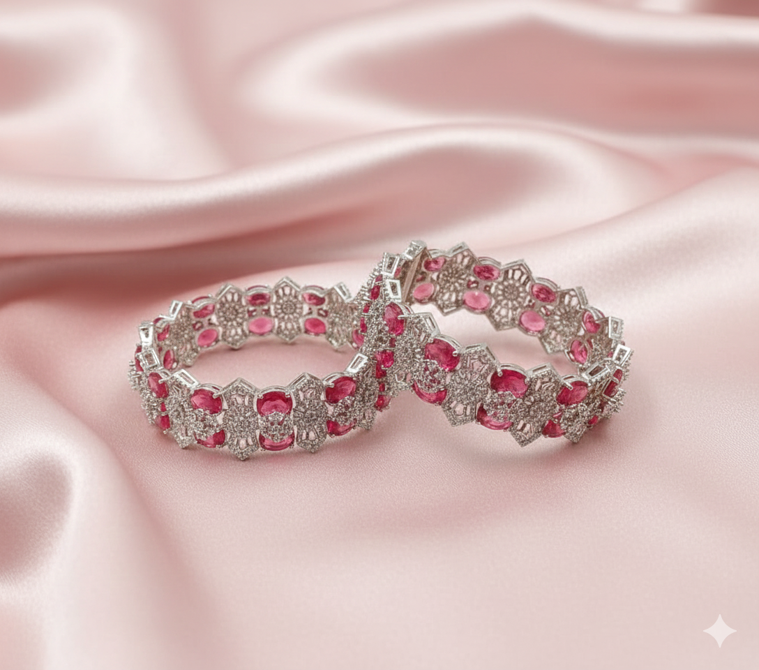 Silver-Tone AD Red Stone Bangle Set