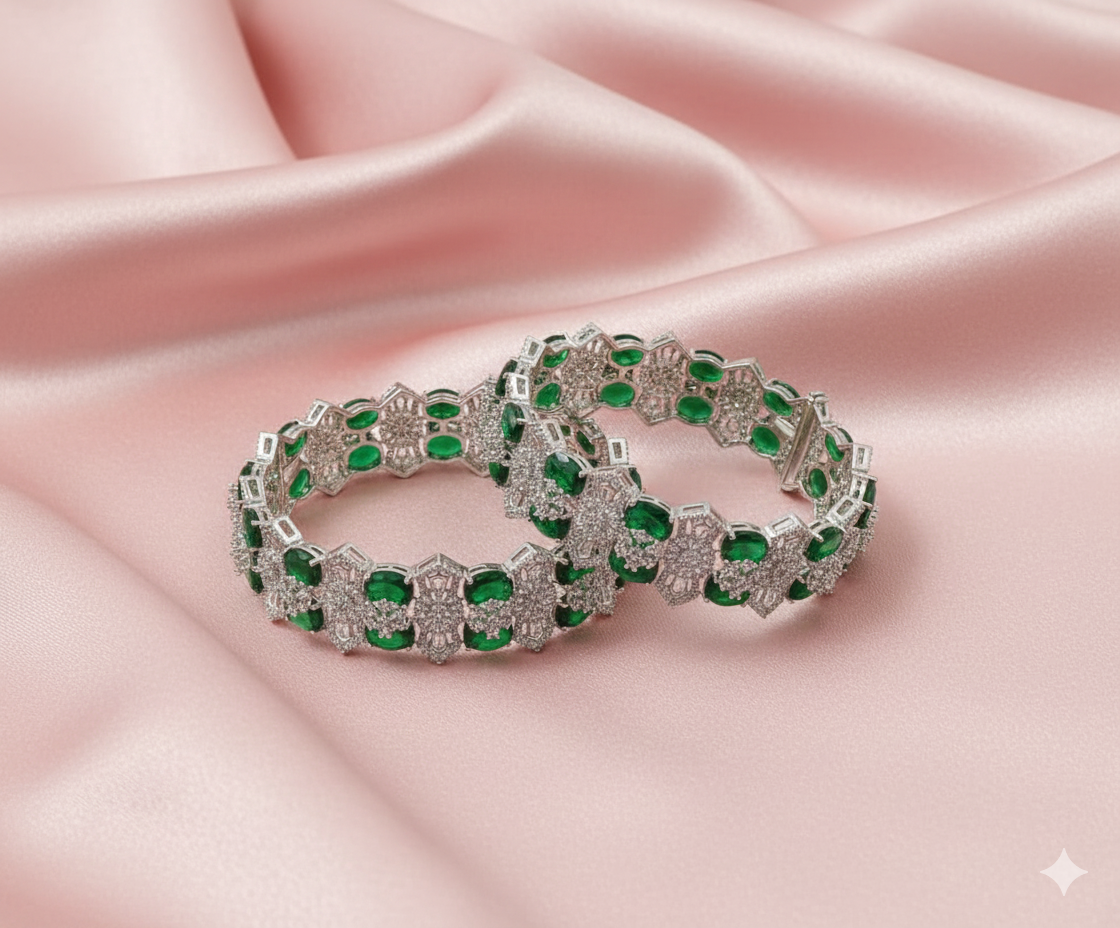 Silver-Tone AD Green Stone Bangle Set