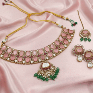 Blush Pink Kundan Choker Necklace Set with Emerald Green Drops