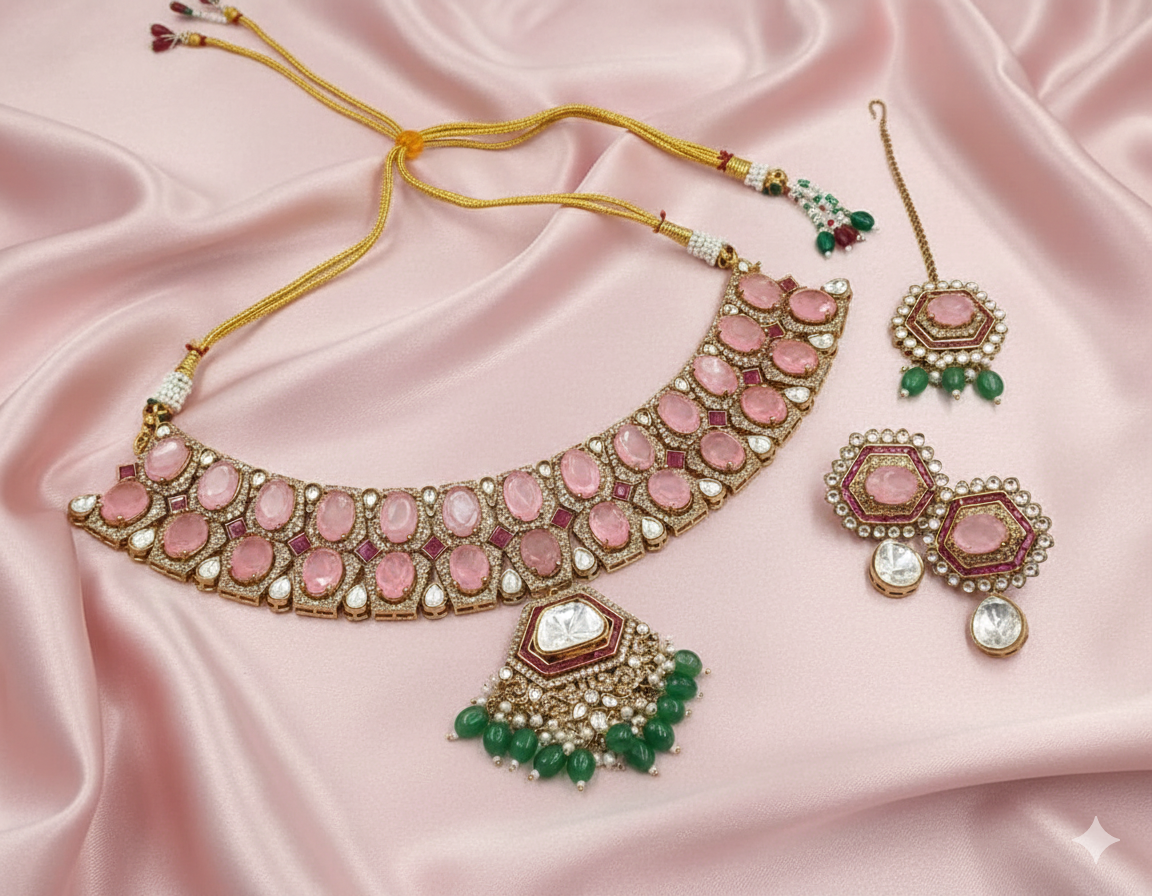 Blush Pink Kundan Choker Necklace Set with Emerald Green Drops