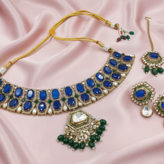 Royal Blue Kundan Choker Necklace Set with Emerald Green Drops
