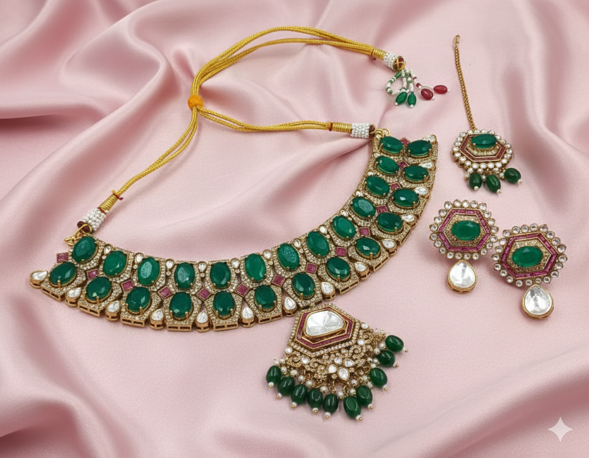 Emerald Green Kundan Choker Necklace Set with Pearl & Green Drops