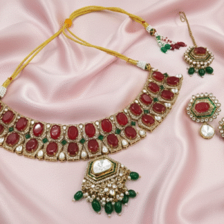 Ruby Red Kundan Choker Necklace Set with Emerald Green Drops