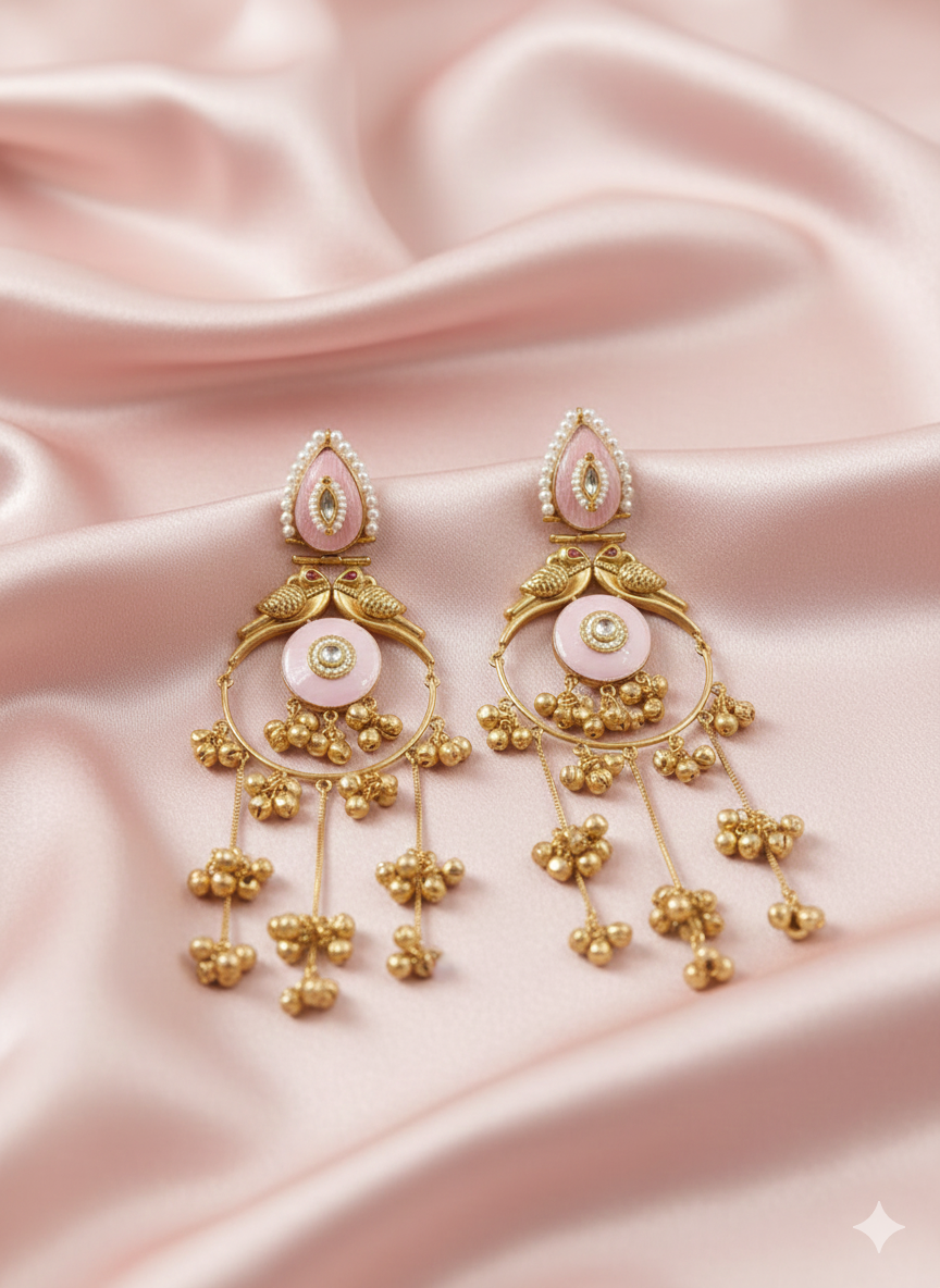 Silver Look Like Baby Pink Stone Hoop Jhumki Earrings