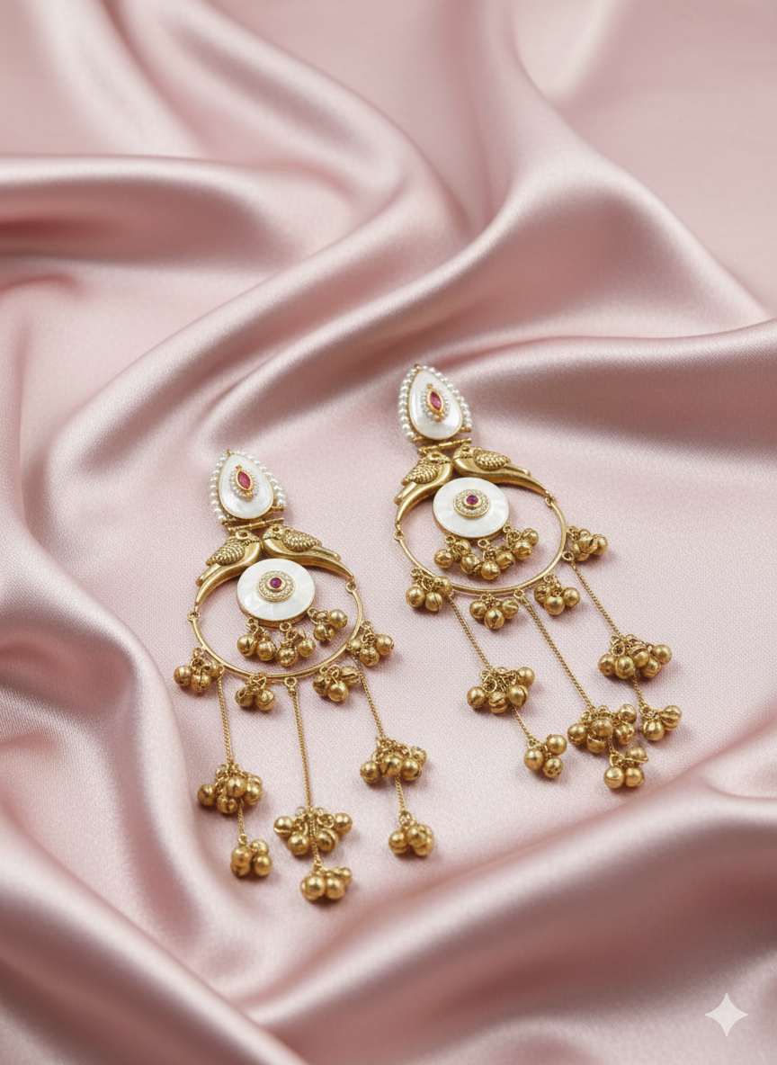 Silver Look Like Ivory White & Ruby Stone Hoop Jhumki Earrings