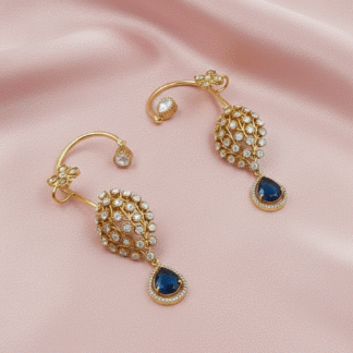 Royal Moissanite Gold-Plated Earcuffs with Sapphire Blue Drops