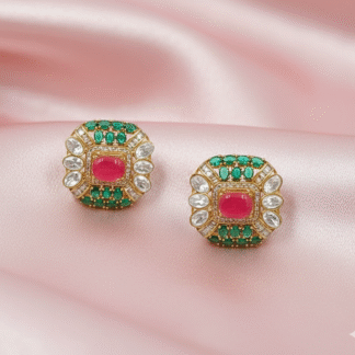 Royal Moissanite Polki Studs with Ruby & Emerald Accents