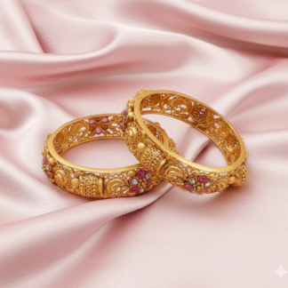 Antique Gold Finish Floral Cutwork Bangle with Ruby-Pink & White Stones