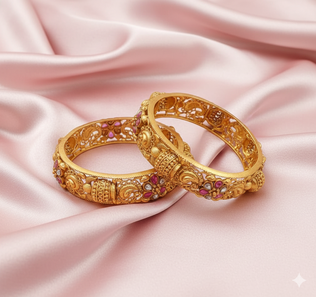 Antique Gold Finish Floral Cutwork Bangle with Ruby-Pink & White Stones