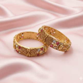 Antique Gold Finish Traditional Bangle with Ruby-Pink & White Stones