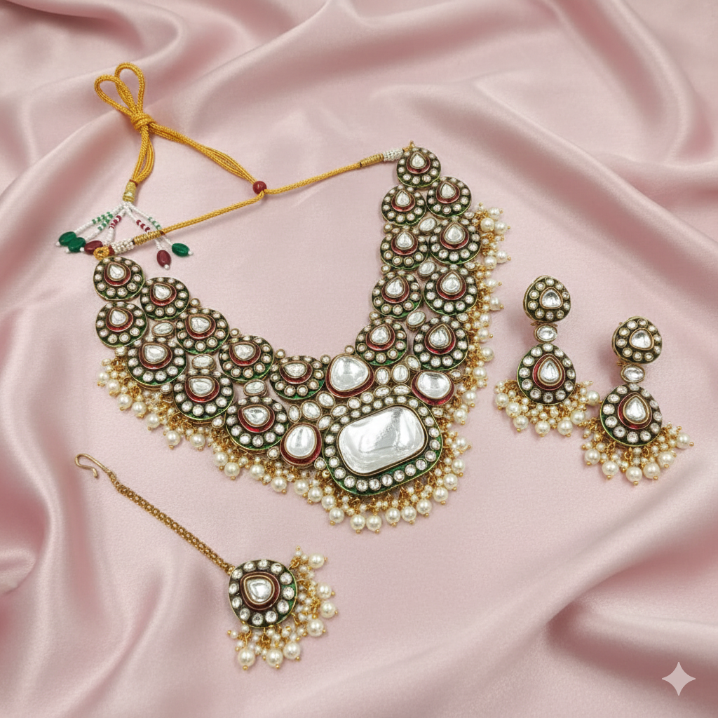 Fine Heavy Kundan Necklace Set with Green & Ruby Red Accents