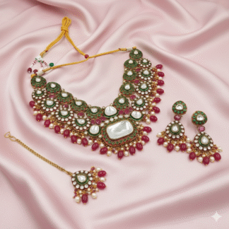 Fine Heavy Kundan Necklace Set with Emerald Green & Ruby Pink Drops