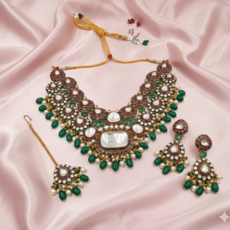 Fine Heavy Kundan Necklace Set with Emerald Green Drops & Ruby Pink Accents