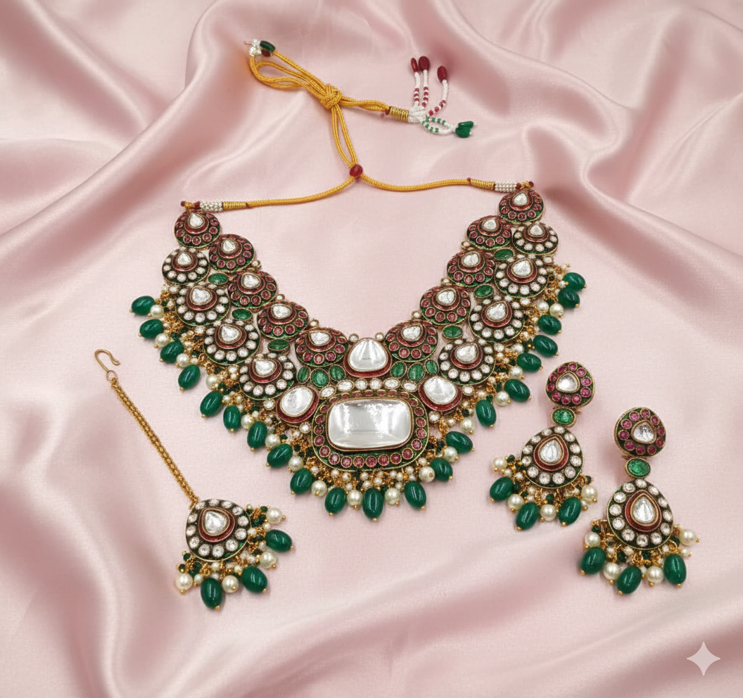 Fine Heavy Kundan Necklace Set with Emerald Green Drops & Ruby Pink Accents
