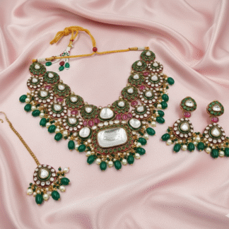 Fine Heavy Kundan Necklace Set with Emerald Green Drops & Ruby Pink Highlights