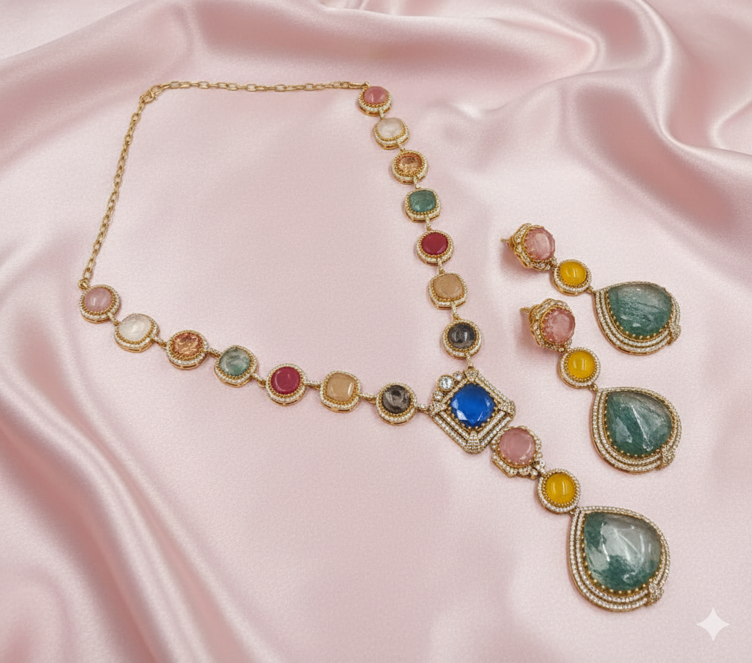 Heritage Ocean Green Multicolour Stone Necklace Set