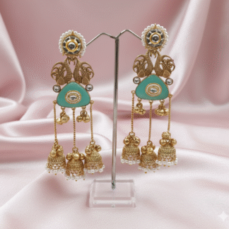 Silver Look Like Sea Green Peacock Jhumki Earrings