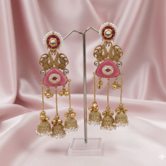 Silver Look Like Rose Pink Peacock Jhumki Earrings