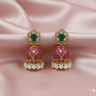 Moissanite Emerald Green & Pink Jhumki Earrings