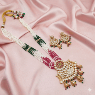 Tyanni AD White Beaded Long Necklace Set with Green & Ruby Accents