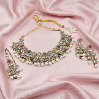 Royal Mehandi Polish Multicolour Pearl Necklace Set