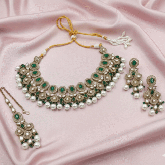 Royal Mehandi Polish Emerald Green Pearl Necklace Set