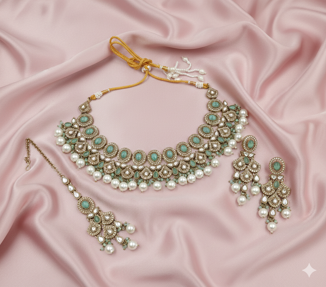 Royal Mehandi Polish Mint Green Pearl Necklace Set