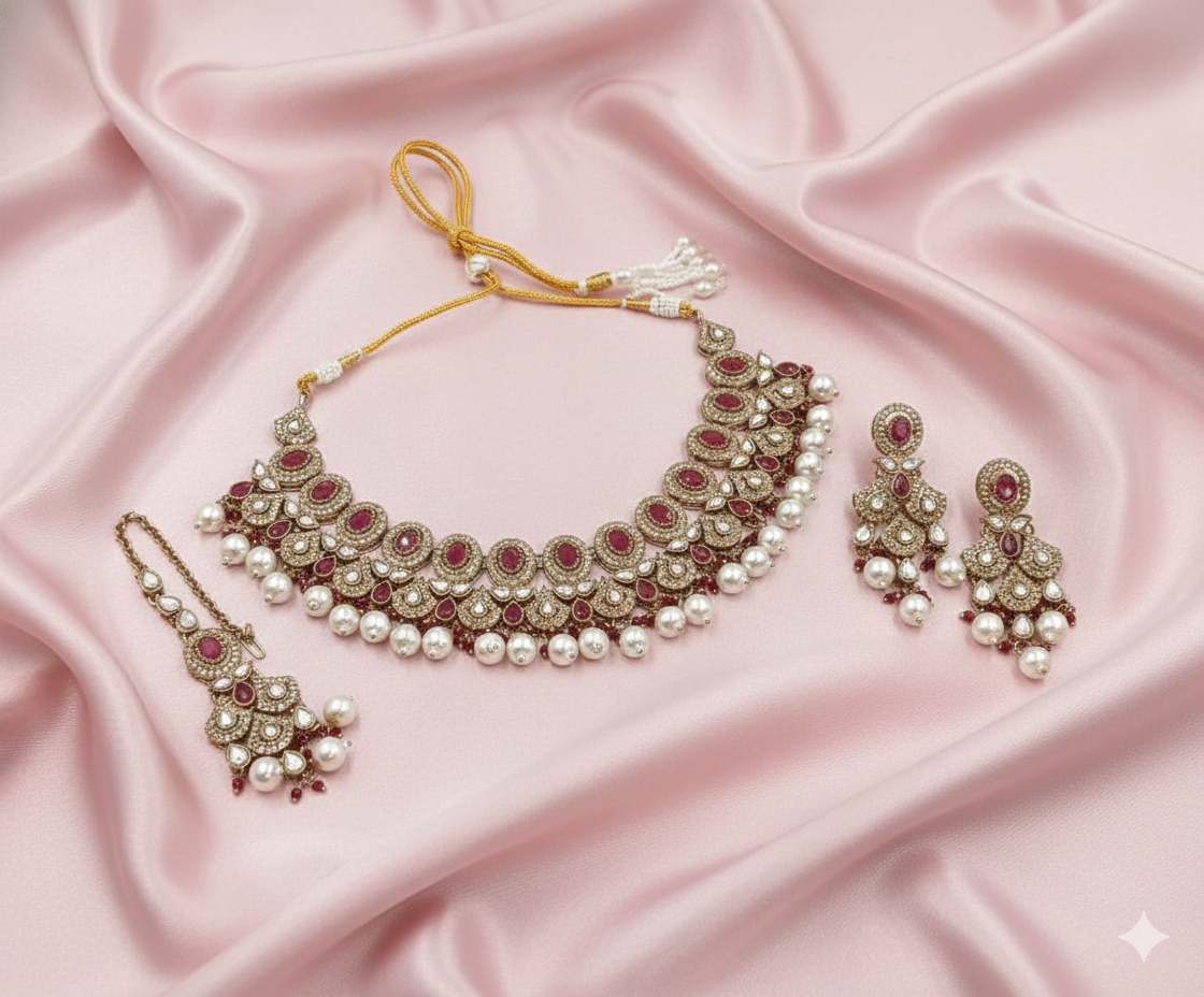 Royal Mehandi Polish Maroon Pearl Necklace Set