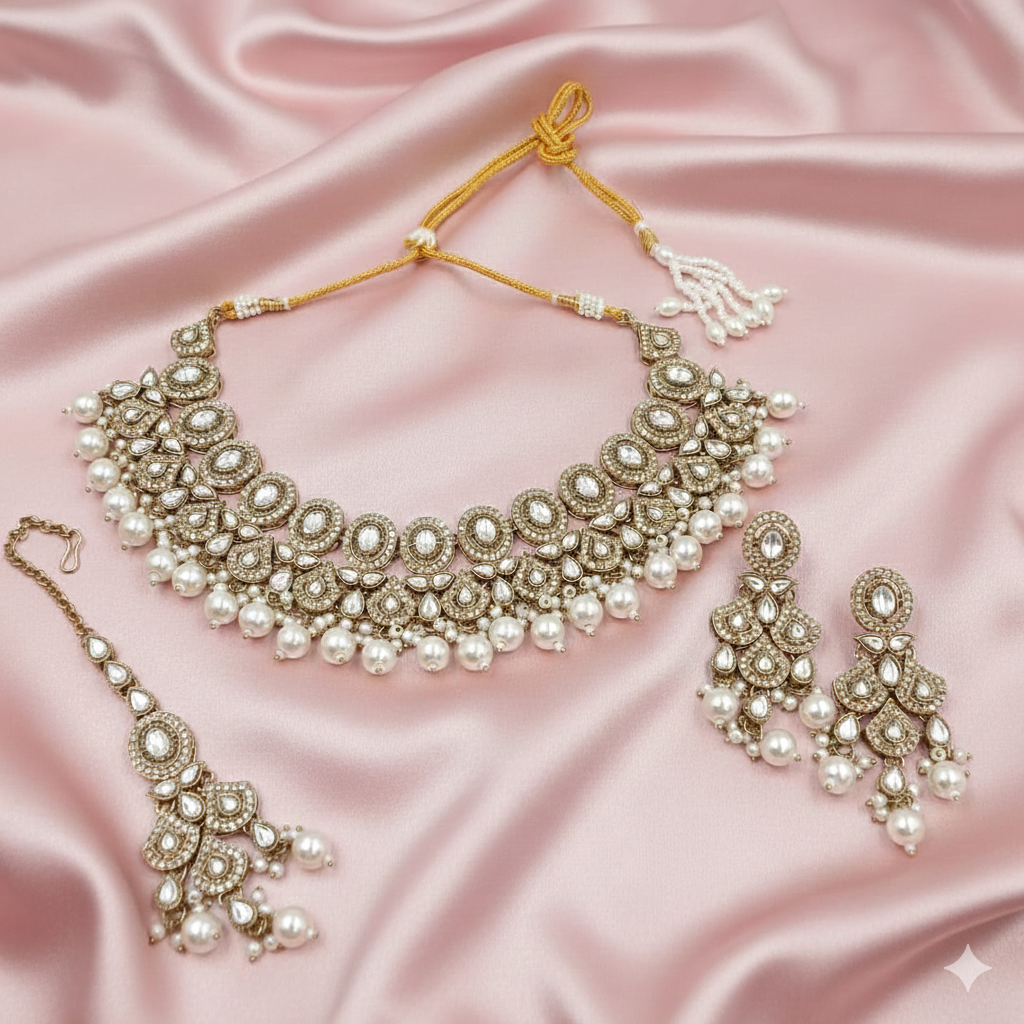 Royal Mehandi Polish White Stone Pearl Necklace Set
