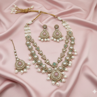 Mehandi Polish Pastel Pink & Green Stone Pearl Necklace Set