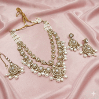 Mehandi Polish White Kundan & Pearl Necklace Set